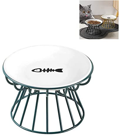 EHOTER 2023 - Plato de cerámica elevado para gatos con soporte de metal, apto para alimentos, agua, antivómitos, plato de cerámica poco profundo para gatos y perros pequeños (estante verde, plato de