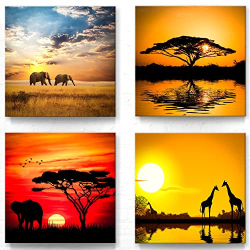 Afrika Bilder 4er- Set, 50x50cm große Wandbilder als Leinwandbild, aufhängefertig - Dekorieren Sie Ihr Wohnzimmer, Schlafzimmer passend zu Ihrem modernen Einrichtungsstil, Gelb Orange Motive Set-A