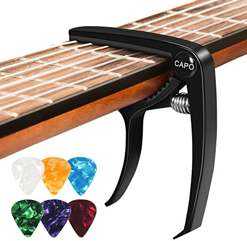 Capotasto Chitarra Acustica, con 6 Plettri Chitarra, Capotasto per Classica Chitarra Elettrica Ukulele Bass Violino Alloy Nero