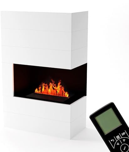 GLOW FIRE Wasserdampf Kamin TUCHOLSKY rechts (Standkamin) - Elektrokamin mit realistischen LED 3D-Flammen, Knistereffekt & Fernbedienung, 90x140 cm - Opti-Myst 500 Elektro Kamin, Weiß