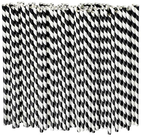 Pailles jetables en papier extra longues 26 x 0,6 cm – Rayures noires/blanches, 100 pièces, biodégradables et compostables