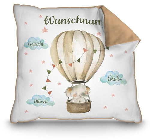 PR Print Royal Kissen mit Spruch zur Geburt | Elefant im Heißluftballon, Rückseite Mokka, Stoff, 40 x 40 cm