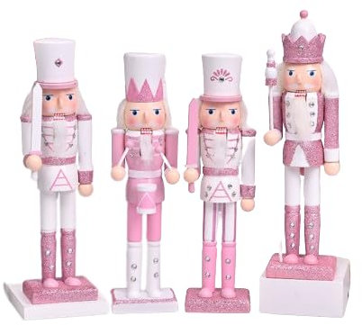 YTFSKFUI Lot de 4 casse-noisettes en bois rose - 30 cm - Grand casse-noisette à paillettes - Décorations de Noël traditionnelles - Soldat créatif pour la maison