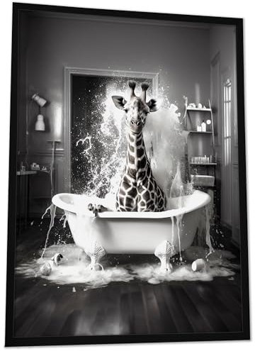 JUHMI Badezimmer Deko Bilder - Badewannen Tiere Wanddeko, Giraffe DIN A3 (30x42 cm) - Bilder Schwarz Weiß WC Deko mit und ohne Rahmen