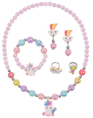 OSDUE 6 Stück Einhorn Schmuckset Mädchen, Einhorn Kinderschmuck Enthalten Halskette, Ringe, Armbänder, Ohrring, Einhorn Kinderschmuck Set für Party Dress Up Geschenk
