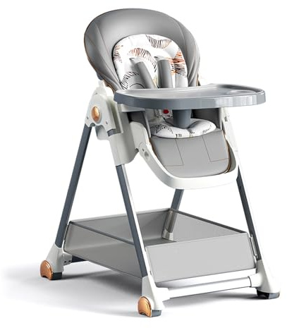 Baby Hochstühle Hochstuhl Multifunktional Umwandelbar Esszimmerstuhl für Kleinkinder mit 6 Verstellbaren Höhen und 3 Liegepositionen Faltbar mit Abnehmbaren Doppeltabletts und Rädern (808 Grey)