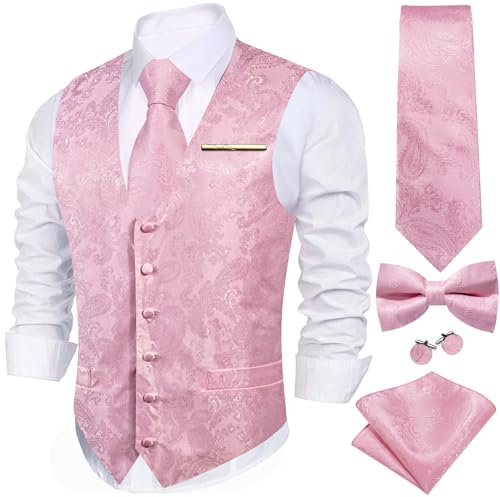 YOHOWA Set da 6 gilet da uomo con tasca per cravatta, gemelli quadrati, spilla con fiore cachemire e scollo a V, in seta, perfetto per occasioni formali e informali, rosa chiaro, M