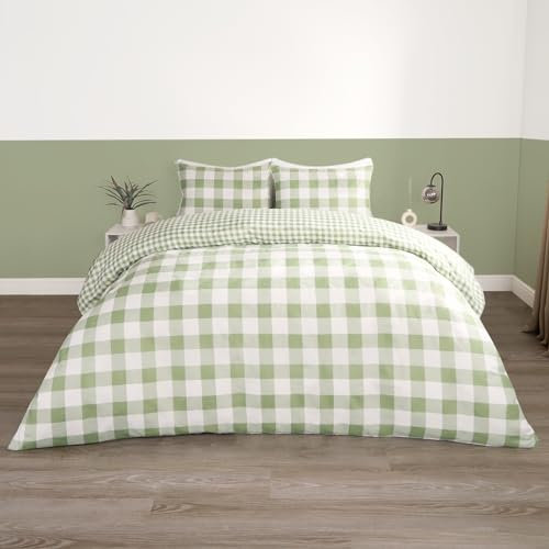 OHS Parure de lit King Size avec Housse de Couette et taies d'oreiller en Microfibre Super Douce Motif Tartan Vert Sauge et Blanc