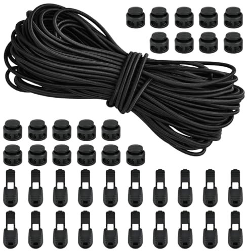 Cordón Elástico de Goma de 30M, OctBird Cordón Elástico de 3mm, Hilo Elástico, Cordones Elásticos con 20 Tapones de Cordón, 20 Clips de Cordón para Mochila, Equipaje, Cordones, Camping