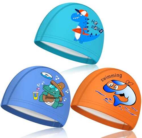 ZOCONE 3 Pcs Bonnet Piscine Enfant, Dessin Animé Bonnet de Bain Enfant Bonnets de Bain Extensibles pour Garçons Filles 3-8 Ans