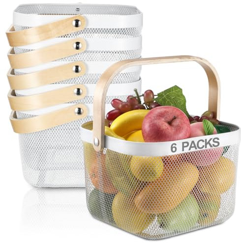 Roshtia 6 Pcs Metal Mesh Steel Basket with Handle Square Wire Harvest Storage Small Mesh Basket with Handle for Shopping Garden Bathroom Kitchen Organizing(8.46 x 8.46 x 6.5 Inch,White)