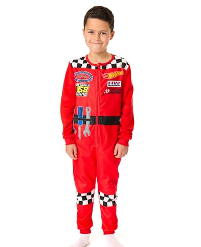 Hot Wheels Jungen Overall | Kinder Einteiler Schlafanzug in Rot | Nachtwäsche Fleece Reißverschluss Jumpsuit mit Rennflammen, Werkzeugen und kariertem Muster | Einteiler Mechaniker Bodysuit