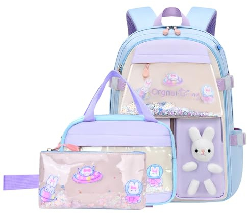 VIDOSCLA Bunny Backpack for Girls Kawaii Girls Backpack for School Kids Backpack with Lunch Box Set-3Pcs Blue L