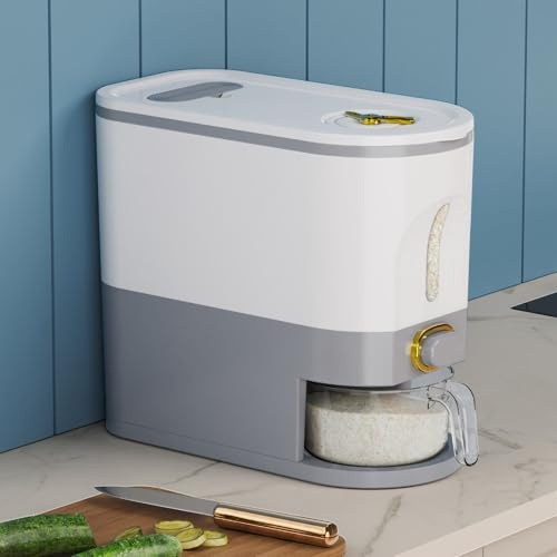 Lenwi Distributeur de riz de 5 kg, grand récipient à riz avec tasse à mesurer, récipient de stockage de riz domestique sans BPA avec échelle de temps, pour la maison, la cuisine, le garde-manger