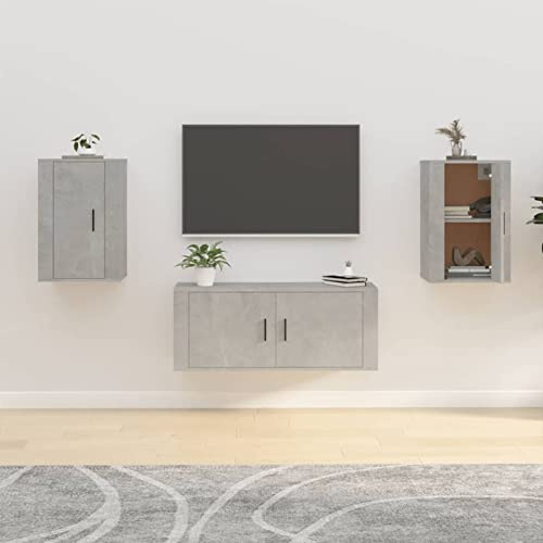 Homgoday 2 Piece TV Unit Concrete Grey 40 x 34.5 x 60 cm, Hanging TV Cabinet with Compartments with Doors, Wall Mounted Floating TV Unit for Living Room, Bedroom