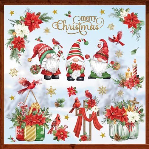 decalmile Autocollant Fenêtre Noël Rouge Gnomes Fleur Anti-Collision Stickers Cardinal Flocons de Neige Stickers Vitre Anti-Adhésifs Fenêtre Réutilisable Electrostatique Vitrine Porte Interieur Deco