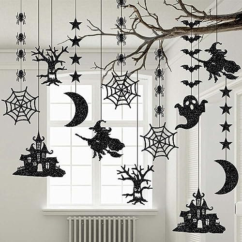 Schwarze Glitzer-Halloween-Hängegirlande, 12er-Pack, Hexe, Fledermaus, Spinnennetz, Spukhaus, gruseliger Baum, Stern, Mond, Banner, Halloween-Luftschlangen, Hintergrund für Halloween-Geburtstagsdekora