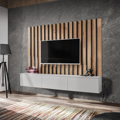 Wohnwand Anbauwand Schrankwand 180cm, grau mit Eiche, Wandpaneel mit Lamellen, Lowboard