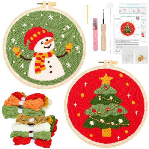 JSRQT 2 Sets Christmas Punch Needle Kit for Beginners, Punch Needle Embroidery Starter Kit for Adults Kids with Christmas Tree Snowman Pattern, Embroidery Beginners Rug Hooking Kit with Instruction