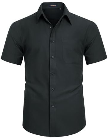 HISDERN Men's Black Shirts Short Sleeve Solid Regular Fit Button Down Shirts for Men Non Iron Formal Casual Office, XL