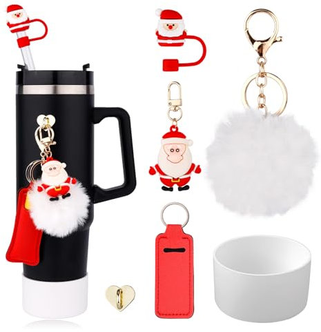 Gosknor Christmas Cup Accessories Set for Stanley, 6pcs Cup Accessories with Straw Cover Boot Lipstick Holder Hanging Hook Pompom Christmas Charms for 30oz 40oz Tumbler (Santa Claus)