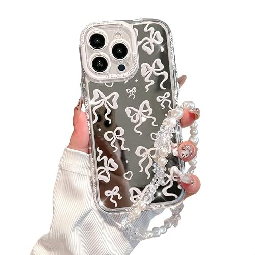 Pretaco for iPhone 12 Pro Case, [White Bow Pattern][Shiny Mirror Case][2-in-1 with Beaded Wrist Strap] Soft TPU Frame, Shockproof and Anti-Shock, Suitable for Women & Girls