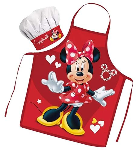 Sorrisini Delantal Infantil de cocina y Gorro de Cocinero ajustable para Niños Cocina, Mandil Niña, Delantal Niños y Sombrero Ajustable para Cocinar, Hornear, Pintar, 3-8 Años Minnie