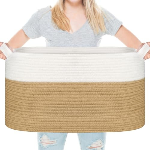 Vikcvcsc 65L Cesta Portabiancheria Bambini, Cesta Giochi Bambini Grande, Cesto Portaoggetti,Cesto Portaoggetti con Manici per Cuscini per Giocattoli, Soggiorno (D55 X H38cm,Juta e bianco)