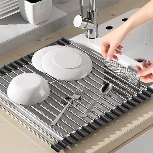 Scolapiatti da Appoggio, Gocciolatoio per Lavello Acciaio Inox, Pieghevole Scola Piatti Lavandino, Appoggio Scolapiatti Rastrelliera, Griglia Scolapiatti Arrotolabile,Scolapiatti da Lavello, 45 × 35cm