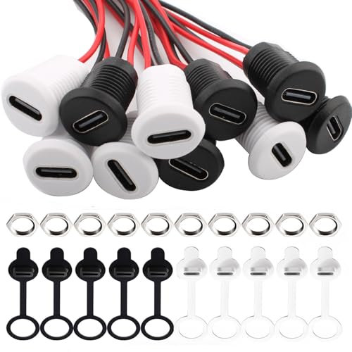 RUNCCI-YUN 10Pièces connecteur USB C a souder prise femelle,Ronde USB C 2 Fils femelle connecteur panneau,150mm 24 AWG, avec Cache-poussière et Écrous, Noir Blanc avec fonction PD