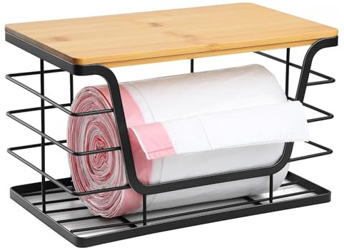 ZoeQide Support de Sac Poubelle en Métal avec Couvercle en Bambou, Distributeur Mural ou de Comptoir, Stockage Empilable pour Cuisine et Salle de Bain, Rangement Fruits et Légumes