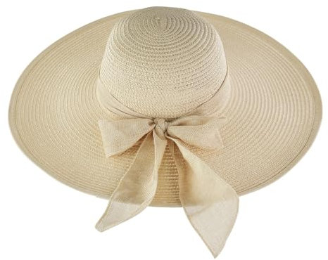 FuninCrea Ladies Sun Hat Wide Brim Straw Hat UPF 50+ Floppy Foldable Summer Hats UV Protection with Elastic Rope and Sweat Band, Beach Hats with Bow for Outdoor (Straw-3, Beige)