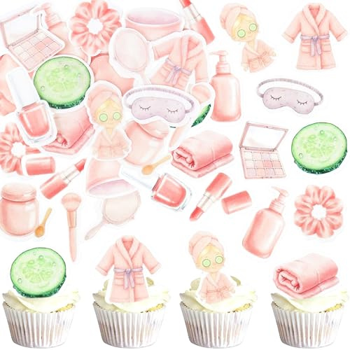 Ercadio 45 Pcs Edible Spa Party Cupcake Toppers Picks Pajamas Blindfold Lip Nail Polish for Spa Day Spa Party Supplies Spa Party Favors Cake Decoration Supplies