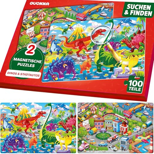 Magnetpuzzles für Kinder 4 5 6 Jahren - Pädagogisches Puzzle ab 5 | Magnetisches Such und Find Puzzlebuch - 2 Set 100 Teile Puzzles – Reisefreundliches Puzzle mit Dinosauriern Und Stadtautos