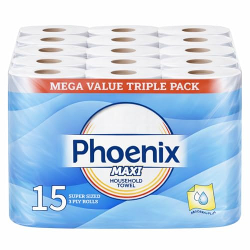 Phoenix Maxi 3 Ply Kitchen Rolls – 15 Super-Sized Rolls (1200 Sheets) | Strong, Ultra Absorbent, Soft Paper Towels for Household Cleaning, Spills, and Wiping | Quilted Texture | Bulk Value Case