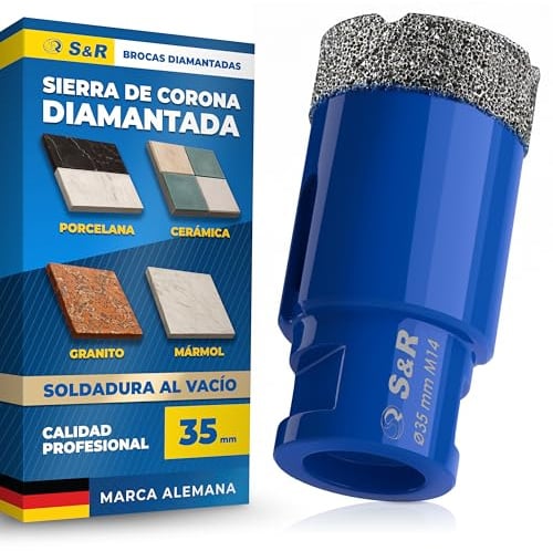 S&R Professional Diamant Fliesenbohrer 35 mm, Lochsäge für Fliesen M14 Gewinde, Diamant Bohrer Fliesen, Vakuum Gelötete Bohrkrone Winkelschleifer für Keramik, Feinsteinzeug, Granit, Marmor, Porzellan