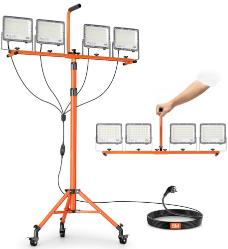 EMART 280W Foco de Trabajo LED con Ruedas 28 000lm Foco LED para Obras | Ajustable , Lámparas de Trabajo con Cable de 5 m, Resistente al Agua (IP66). Proyector de Obra con pie para Talleres y 0bras