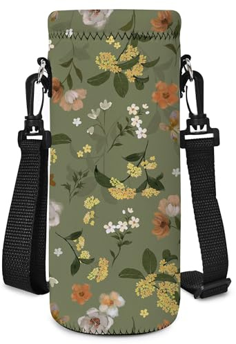 Hnycsir 500ML Neoprene Water Bottle Bag Carrier, Portable Insulated Sling Holder Case Pouch with Adjustable Shoulder Strap for Men Women Travel,Hiking,Walking,Outdoor Activities (Green,Flowers)