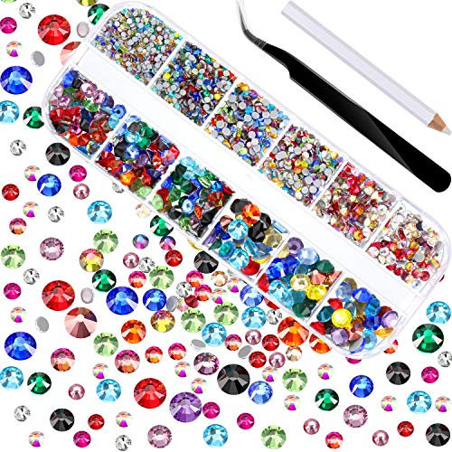 2000 Pièces Hot Fix Strass en Verre Plat Hotfix Gemmes de Cristal Rond 1.5-6 mm (SS4-Ss30) dans la Boîte de Stockage avec Pince à Épiler et Stylo Plume Strass (Multicolore)