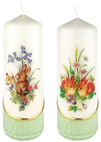 Meissner-Handel Auswahl * 2 Stück Osterkerze Stumpenkerze Osterdeko * 6 x 18 cm * mit farbigen Wachs- und Bildauflagen * Auswahl Motiv + Farbe * grün * (Serie 3 - Set 08/13)