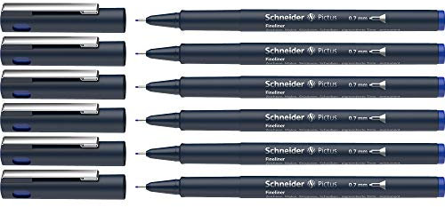 Schneider Pictus Fineliner (Strichstärke 0,7 mm, dokumentenechte Pigmentliner, metallgefasste Spitze, Gehäuse aus 85% recyceltem Kunststoff) 6er Pack, blau