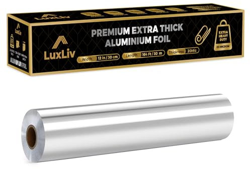 LuxLiv® - Feuille d'aluminium résistante - 30cm x 50m - De qualité commerciale, extra-épaisse et durable, idéale pour la restauration. Comprend un coupe-feuilles intégré pour faciliter le découpage.