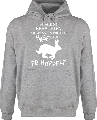 Hoodie Herren Pullover Männer - An alle die wissen wie der Hase läuft er hoppelt I Oster Hase hoppelt I Osterhase - L - Grau meliert - hasenpulli osterhasen oste pulli hasen bunny kapuzenpullover