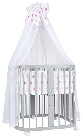 Waldin Babybett aus Holz 7in1 mit Matratze, Mitwachsendes Kinder-Bett, Belüftet, Boden 5-Fach Verstellbar, All-Inclusive-Set, Holz Grau, Stoffe Sterne Pink