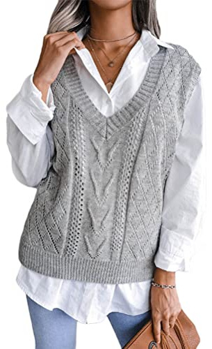 shownicer Femme Gilet en Tricot À Col en V Débardeur Décontracté en Tricot sans Manches Gilet Tricoté Géométrie Couleur Unie Débardeur Décontracté en Tricot Pull De Loisirs