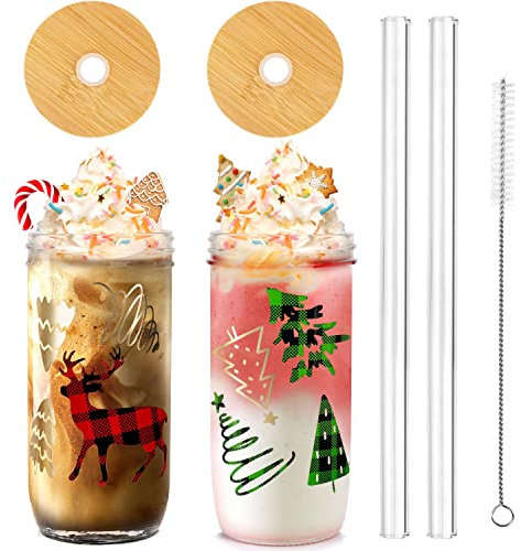 ANOTION Weihnachten Mason Jar Cups, 700ml Weihnachtsbecher mit Deckel und Stroh Weihnachtsbecher Trinkgläser Kaffeebecher Weihnachten Home Decorations Geschenk