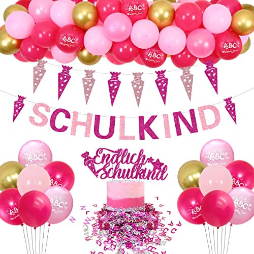 Schulkind Deko Mädchen, Einschulung Deko Rosa - Ballongirlande Kit Rosa Pink, Schulkind Banner, Schultüte Girlande, Buchstaben Konfetti, Endlich Schulkind Tortendeko, Schuleinführung Schulanfang Deko