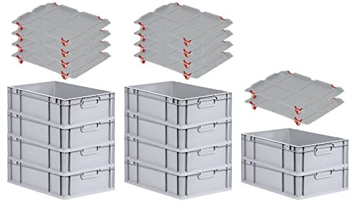 SuperSparSet 10x Eurobox NextGen Grip mit Auflagedeckel & 4 roten Schiebeschnappverschlüssen, HxBxT 17x40x60cm, 34L, Griffe geschlossen, Glatter Boden, Eurobehälter Transportbox Transportbehälter