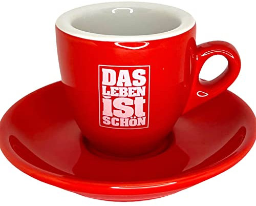 MY Obsession Espressotasse mit Untertasse, 56ml - Dickwandig, italienisch, Rot/Weiß, Mokka Tasse, Das Leben ist schön Prägung, Porzellan