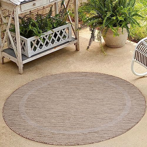 HomebyHome In & Outdoor Teppich Wetterfest Sisal Optik Braun 120 cm Rund - Balkon Teppich Wasserfest, Waschbar, Flachgewebe - Ideal für Küche, Camping, Garten und Terrasse